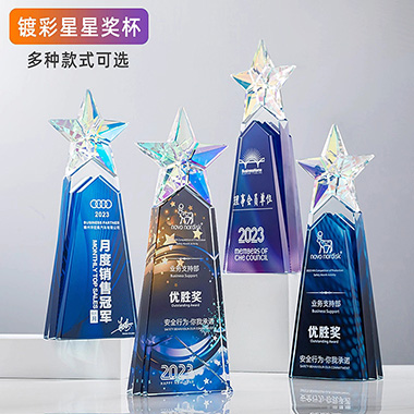 新款炫彩五角星水晶奖杯定制年会颁奖优秀员工经销商供应商合作伙伴管理销售进步贡献之星奖牌定做